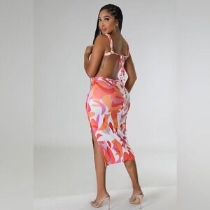 MICAS Women's Abstract Print Maxi Dress Ruched Bodice‎ Cutout Back Side Slit L